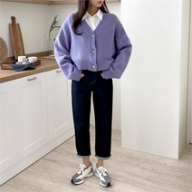 여자 스웨터 미니크롭 퍼플 귀여운 베이직 카디건