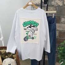 상상그이상 여성용 국내제작 스쿠터 긴팔 티셔츠 루즈핏 패치 프린팅 발포나염 레터링 포인트 간절기 유니크 캐주얼룩