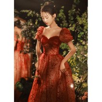 파티 이브닝 드레스 시상식 공연 연주 무대 의상 퍼프 소매 쉬폰 롱 벨라인 5288083965, 자홍색/L