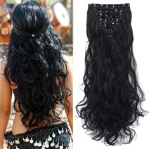 [정품] LELINTA 7피스 클립 16개 61cm(24인치) 웨이브 컬리 풀 헤드 클립, Natural Black