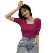 데이홀릭 백리본 스퀘어넥 벌룬반팔니트