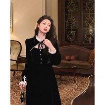 예복원피스 아나운서 슬림핏 우아한 레이스 벨벳 드레스 여성용 무거운 작업 한국 패션 2021 가을 신상품
