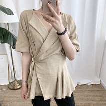 바이퀸즈 린넨 카라 랩 블라우스 브이넥 핀탁
