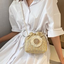 에블 대박걸 해바라기 빅 플라워 포인트 왕골 밀짚 짜임 미니 크로스백 2color