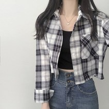 리리의감각 여성 루즈핏 카라 포켓 크롭 숏 체크 단추 코튼 셔츠 남방