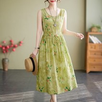 나드리 라운드 면 린넨 허리 스트링 셔링 나염 꽃무늬 민소매 원피스