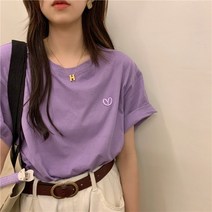 DFMEI 자수 티셔츠 루즈핏 반팔 티셔츠 여 여름 휴무오픈숄더 퍼플 반팔