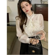 쉬폰블라우스 하객룩 오피스룩 리본 레이스 봄 가을 기본 셔츠 블라우스 긴팔 우아한 오피스 레이디 작업 솔리드 화이트 러플 시크 탑 여성