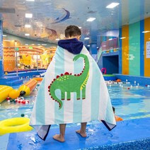 비치타올 샤워타올 아동 캐릭터 비치가운 후드비치타올, 파랑줄무늬공룡