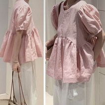 플레어 벌룬 퍼프 소매 린넨 블라우스 3컬러 핑크 여름 반팔 여성 루즈핏 a라인