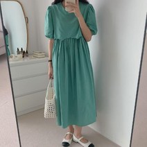 반팔 롱 원피스 라운드 넥 퍼프 화이트 레이스