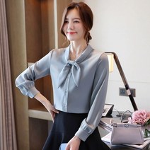 여성 봄가을 블루 보타이 쉬폰 블라우스 긴팔 셔츠