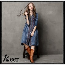 에스닉자수원피스 아카 여름 무드 미들 소매 클래식 데님 빅사이즈 허리보정 드로스트링 미드 롱원피스 2485717691