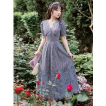 브라이덜샤워원피스 셀프웨딩드레스 스몰웨딩 빈티지 스모그 블루 퍼프소매 원피스