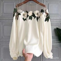 TANC 여성 봄 가을 레이스 꽃 자수 블라우스 셔츠