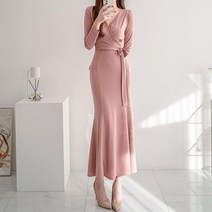 신세계TV쇼핑 [옷자락] 여자 살랑살랑 봄 핑크 리본 랩 머메이드 롱원피스