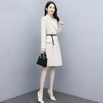 예복원피스 아나운서 빅사이즈 우아한 플리티드 a-라인 블 드레스 벨트 포함 한국 더블 브레스트 시크 파