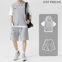 JUST FEEL!NG 썸머 후드레이어드세트 여름 운동 트레이닝복 루즈핏 후드 냉장고 상하복 투피스 세트