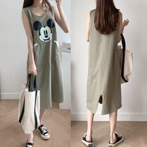 여성 여름 데일리 프린팅 캐릭터 트임 면 롱나시 민소매 원피스