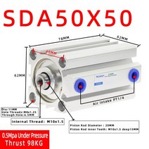 SDA 타입 보어 암형 컴세트트 에어 공압 피스톤 실린더 더블 액팅 SDA50 50mm 스트로크 5mm 10mm 20mm 25mm 30mm 40mm 80mm 100mm, [10] Stroke 50mm, [01] Bore 50mm