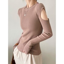 오프숄더니트 루즈핏 오픈숄더 브이넥 솔리드 긴팔