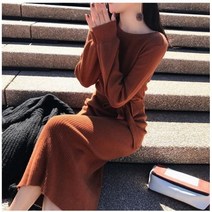 F52034 2컬러 벨트소매끝 볼륨 슬림 롱니트원피스
