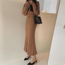시연 가을 겨울 여성 솔리드 스웨터 니트 스커트 투피스 원피스 롱치마 세트