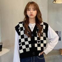 여성용 가을 니트 가디건 스웨터 체크 무늬 조끼 빈티지 프린트 미니 조끼 캐주얼 하라주쿠 의류 탑