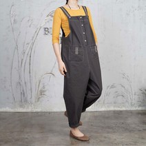 여성 면 체크배색 스퀘어넥 멜빵 점프수트