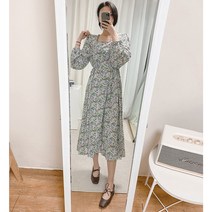 여성 루즈핏 스퀘어넥 리본 쉬폰 플라워 플레어 원피스