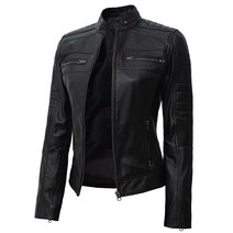 Blingsoul 브라운 가죽 재킷 여성용 - 카페 레이서 블랙 여성용 가죽 재킷 블랙 - 닷지 재킷, Medium_Black - Cafe Racer Jack