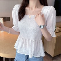 여성 여름 스모크밴딩 스퀘어넥 반팔 크롭 블라우스 화이트