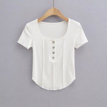 여성 리버스 하트 버튼 스판 세미 크롭 티셔츠