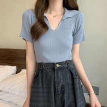마쿠쿠 노버튼 카라 pk 홀가먼트 브이넥 여성 반팔 니트 피케셔츠