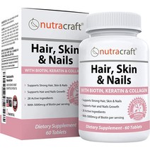 Nutracraft 1 모발 비오틴 케라틴 콜라겐 MSM 실리카 ampamp 성장 더 강한 손톱 및 빛나는 피부를 촉진하는 히알루론산 60정Non-GMO