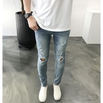 여름 무릎 디스 데미지 슬림핏 찢청 데님 청바지