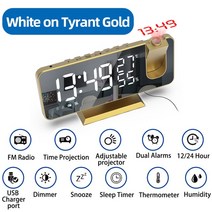 LED 디지털 프로젝션 알람 시계 FM 라디오 시간 프로젝터와 전자 침실 머리맡 음소거, White on Gold A_CHINA