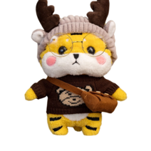 PKTOYS 귀여운 행운 건강 동물 봉제 인형 재물 장식 호랑이 인형 쿠션 생일 크리스마스 선물, 뿔 헤어 벨트 갈색 곰 스웨터 작은 배낭 안경, 30cm
