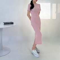 메이블 / 허리 잘록 프리 슬림 스판 반팔 롱원피스 5color