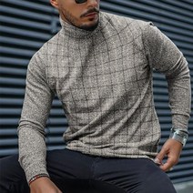 prosekor 남성용 프린트 체크 무늬 하이 넥 긴팔 스웨터 가을과 겨울 방풍 따뜻한 스웨터 슬림 핏 티셔츠