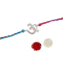 Estele Rhodium Plated Auspicious Om Bracelet With Austrian Crystals With Multi Colored Silk Thread