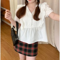 여자여자몰 롱치마매치굳 양프릴 레이스펀칭브이넥 콩알단추 a라인코튼반팔블라우스 여름