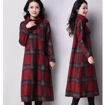 겨울원피스 롱 니트 루즈핏 빈티지 터틀넥 벨벳 격자 무늬 롱 드레스 CJH001 여성용 모직 겨울