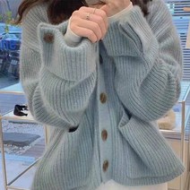 블링앤수 여성 캐주얼 브이넥 루즈핏 파스텔톤 가디건 KZZ318 블루