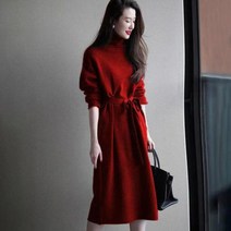 WHR S~2XL 니트 원피스 롱 하이넥 빅사이즈 스트랩 데일리 오피스룩 여성용 가을겨울