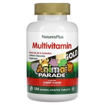 NaturesPlus (네이처스 플러스) Source of Life Animal Parade 골드 어린이용 츄어블 종합비타민 미네랄 보충제 여러 가지 맛 동물 모양 120정, 120개, 체리