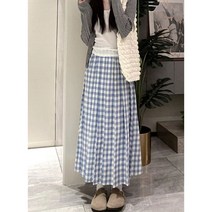 복고풍 블루 핑크 블랙 체크무늬 고무줄 밴딩 고방 체크 모리걸 롱스커트