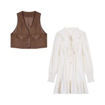 보헤미안 야외 스택 스커트 조끼 투피스 세트 여성 가을 커피 컬러 민소매 양복 탑
