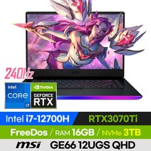 [사은품 증정!] MSI 레이더 GE66 12UGS QHD 고사양 배그 롤 오버워치 발로란트 에이펙스 영상편집 15인치 게이밍 노트북 (코어i7-12700H/RTX3070Ti), 윈도우 미포함, 16GB, 3TB, 코어i7, 그레이