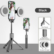 무선 블루투스 호환 셀카 스틱 삼각대 led 링 라이트 접이식 핸드헬드 모노포드 셔터 원격 for iphone huawei, 검은 빛